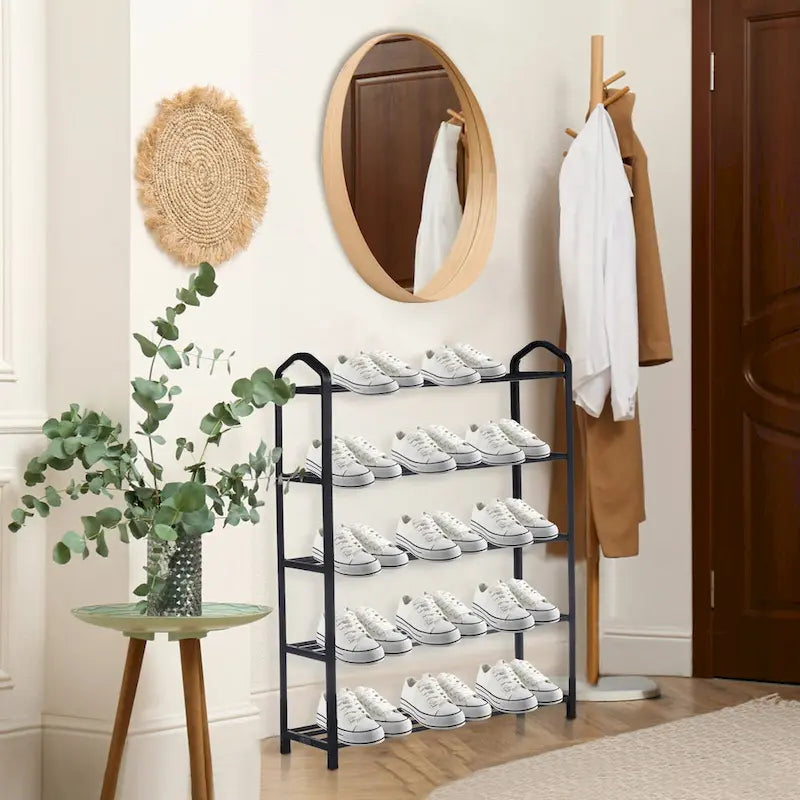 Zapatero apilable de 5 niveles, resistente, para 15 pares, torre zapatera negra
