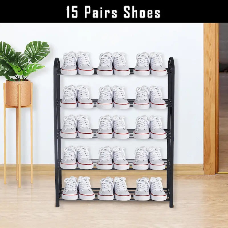 Stapelbares Schuhregal mit 5 Ebenen für 15 Paar Schuhe, stabiles Schuhregal, schwarzer Schuhturm