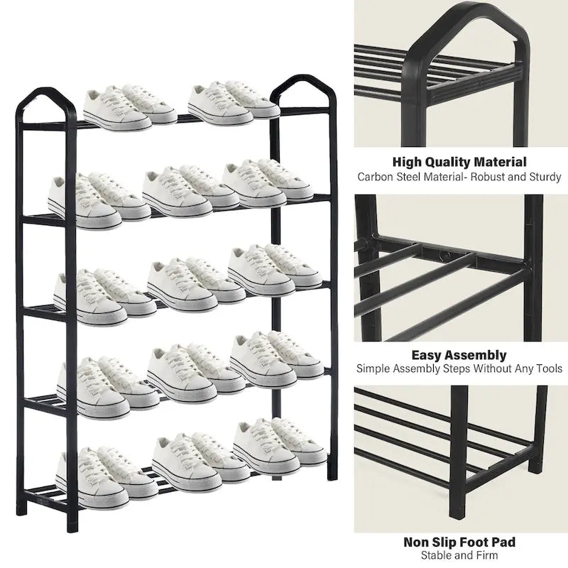 Zapatero apilable de 5 niveles, resistente, para 15 pares, torre zapatera negra