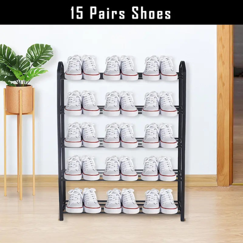 Zapatero apilable de 5 niveles, resistente, para 15 pares, torre zapatera negra