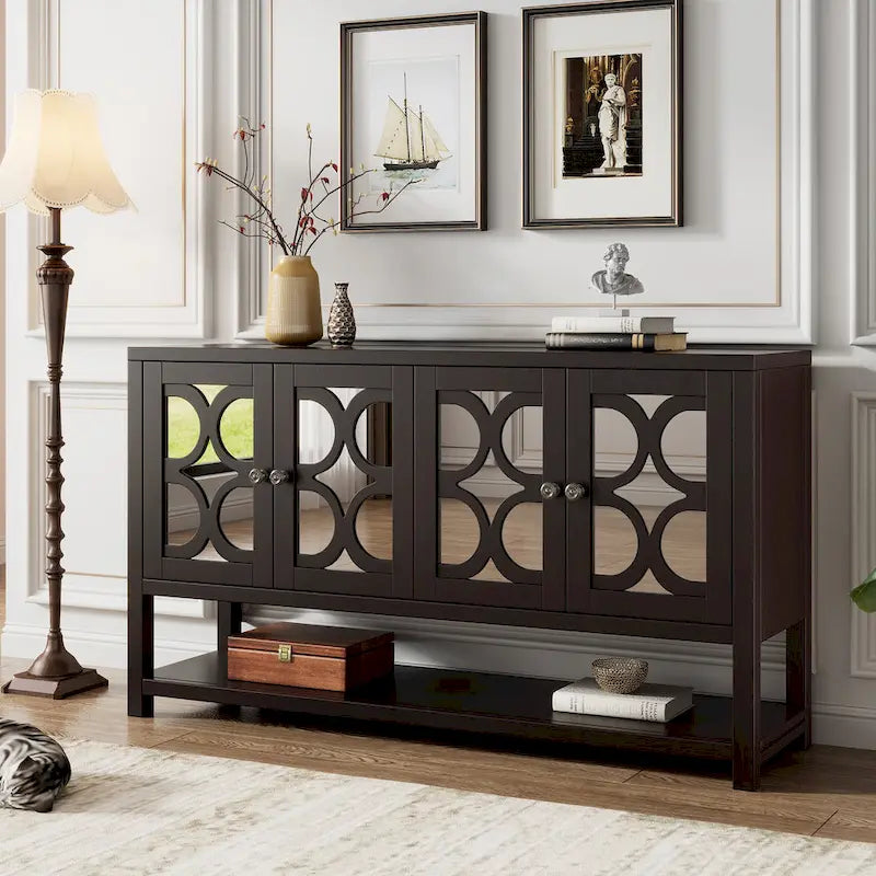Elegante mesa consola retro/armario de almacenamiento/aparador con puertas espejadas, amplios estantes y duraderas patas de madera de acacia