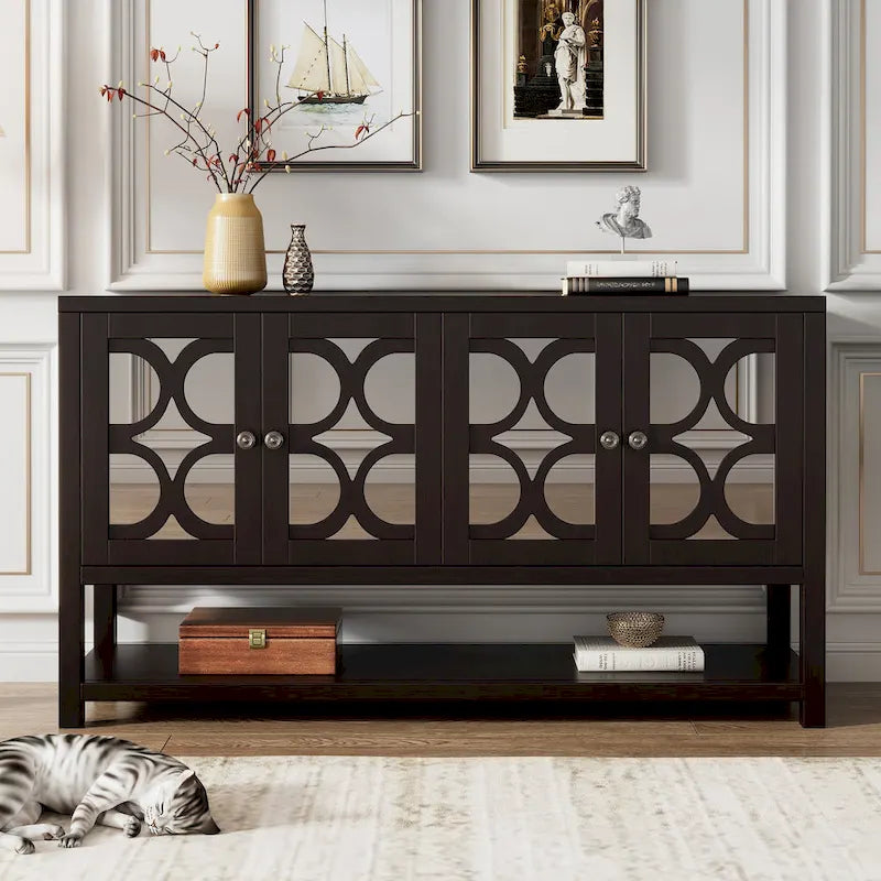 Elegante mesa consola retro/armario de almacenamiento/aparador con puertas espejadas, amplios estantes y duraderas patas de madera de acacia