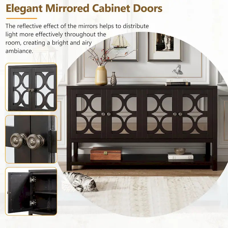 Elegante mesa consola retro/armario de almacenamiento/aparador con puertas espejadas, amplios estantes y duraderas patas de madera de acacia