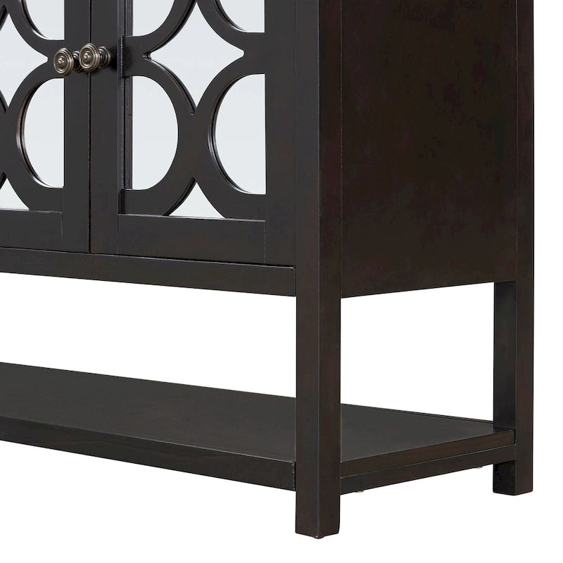 Elegante mesa consola retro/armario de almacenamiento/aparador con puertas espejadas, amplios estantes y duraderas patas de madera de acacia