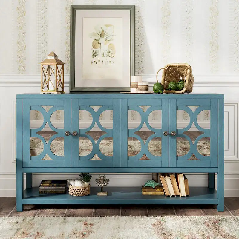 Elegante mesa consola retro/armario de almacenamiento/aparador con puertas espejadas, amplios estantes y duraderas patas de madera de acacia