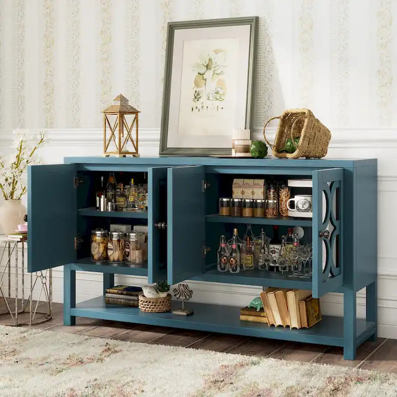 Elegante mesa consola retro/armario de almacenamiento/aparador con puertas espejadas, amplios estantes y duraderas patas de madera de acacia
