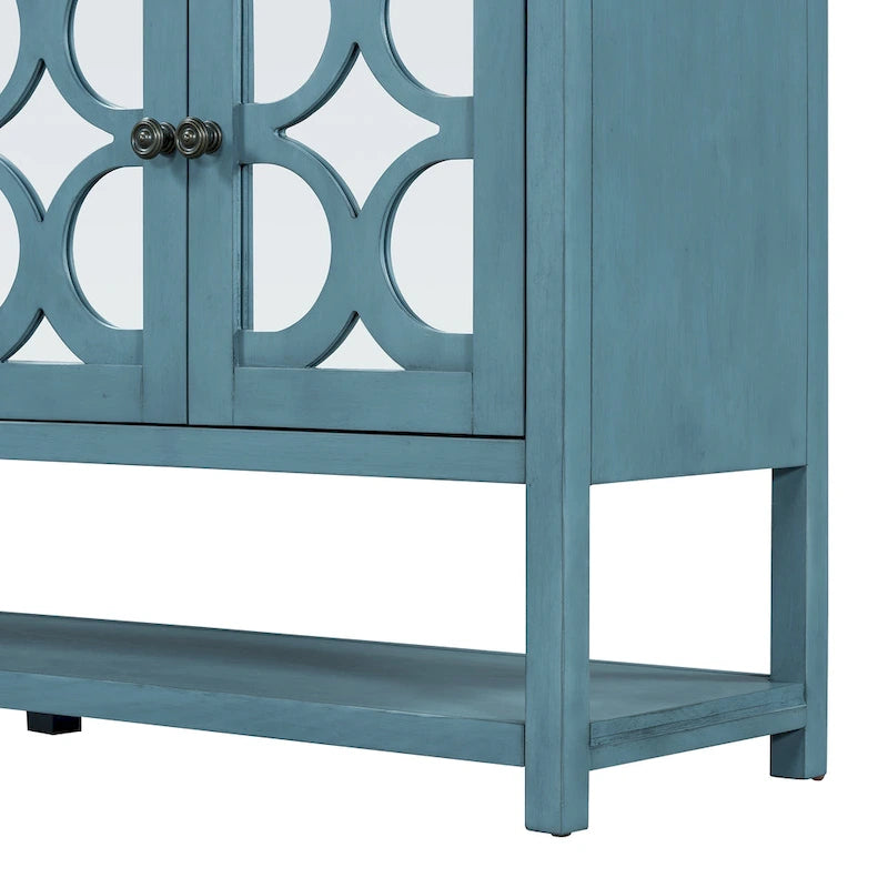 Elegante mesa consola retro/armario de almacenamiento/aparador con puertas espejadas, amplios estantes y duraderas patas de madera de acacia