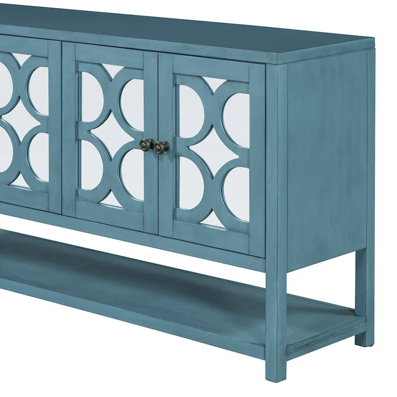 Elegante mesa consola retro/armario de almacenamiento/aparador con puertas espejadas, amplios estantes y duraderas patas de madera de acacia