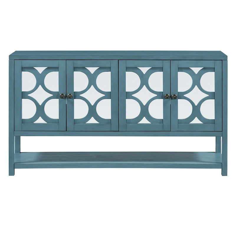 Elegante mesa consola retro/armario de almacenamiento/aparador con puertas espejadas, amplios estantes y duraderas patas de madera de acacia