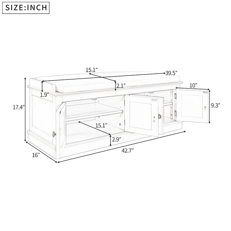Banc de rangement avec 4 portes et étagères réglables