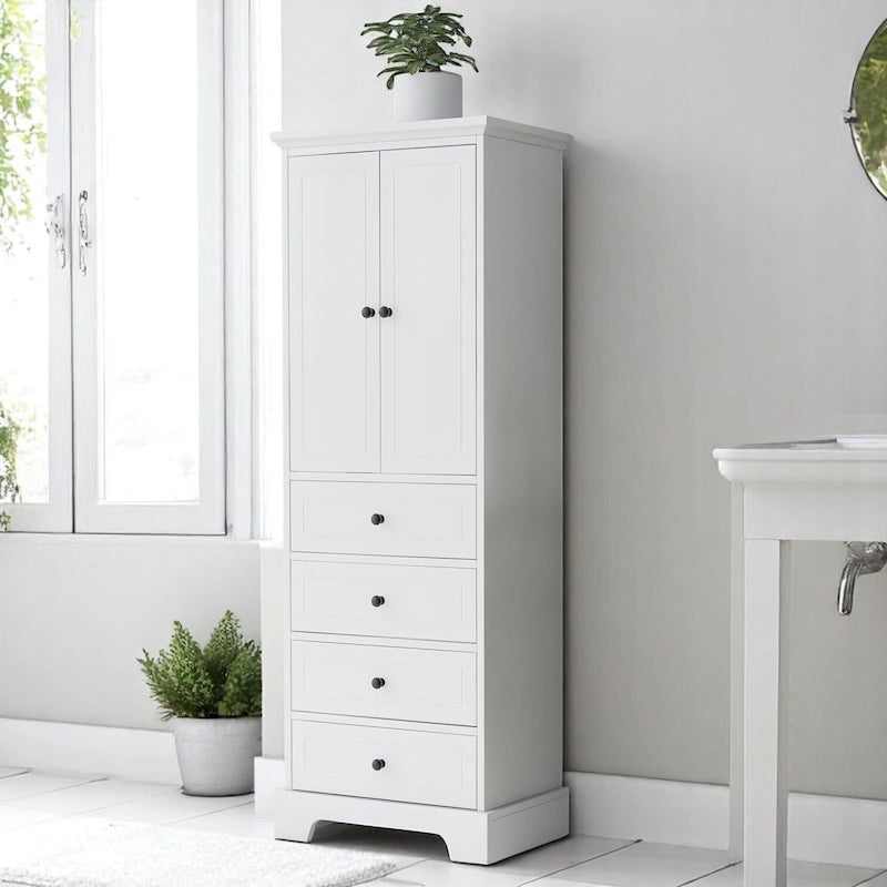 Armario de baño blanco independiente con 4 cajones y 2 puertas, estante ajustable y unidad de almacenamiento impermeable de MDF