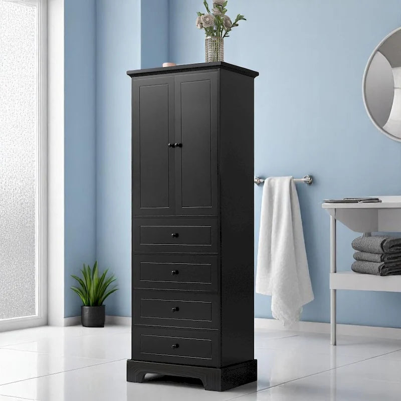 Armario de baño blanco independiente con 4 cajones y 2 puertas, estante ajustable y unidad de almacenamiento impermeable de MDF