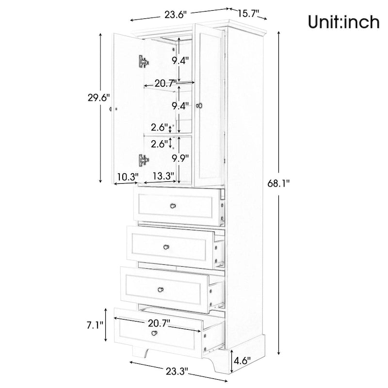 Armario de baño blanco independiente con 4 cajones y 2 puertas, estante ajustable y unidad de almacenamiento impermeable de MDF