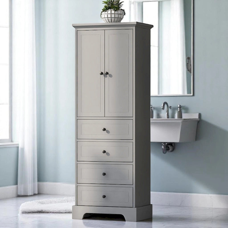 Armario de baño blanco independiente con 4 cajones y 2 puertas, estante ajustable y unidad de almacenamiento impermeable de MDF