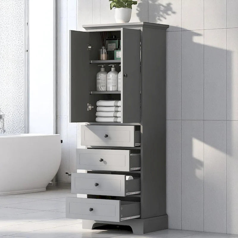 Armario de baño blanco independiente con 4 cajones y 2 puertas, estante ajustable y unidad de almacenamiento impermeable de MDF