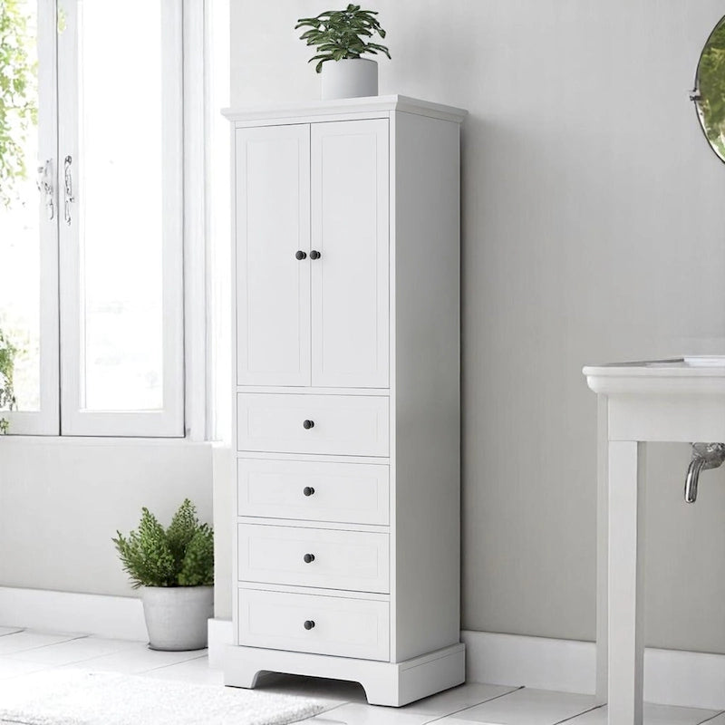Armario de baño blanco independiente con 4 cajones y 2 puertas, estante ajustable y unidad de almacenamiento impermeable de MDF