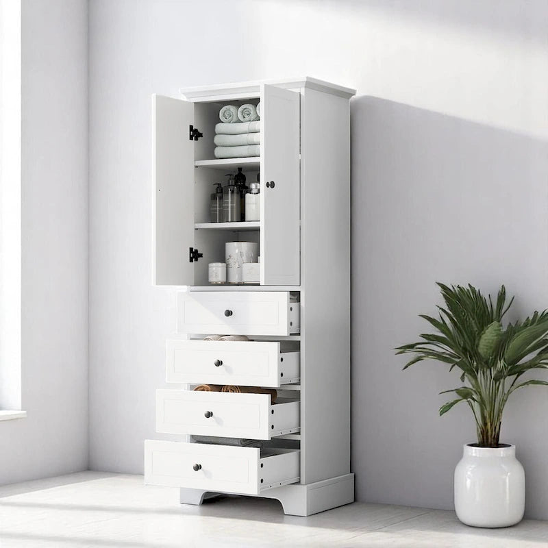 Armario de baño blanco independiente con 4 cajones y 2 puertas, estante ajustable y unidad de almacenamiento impermeable de MDF