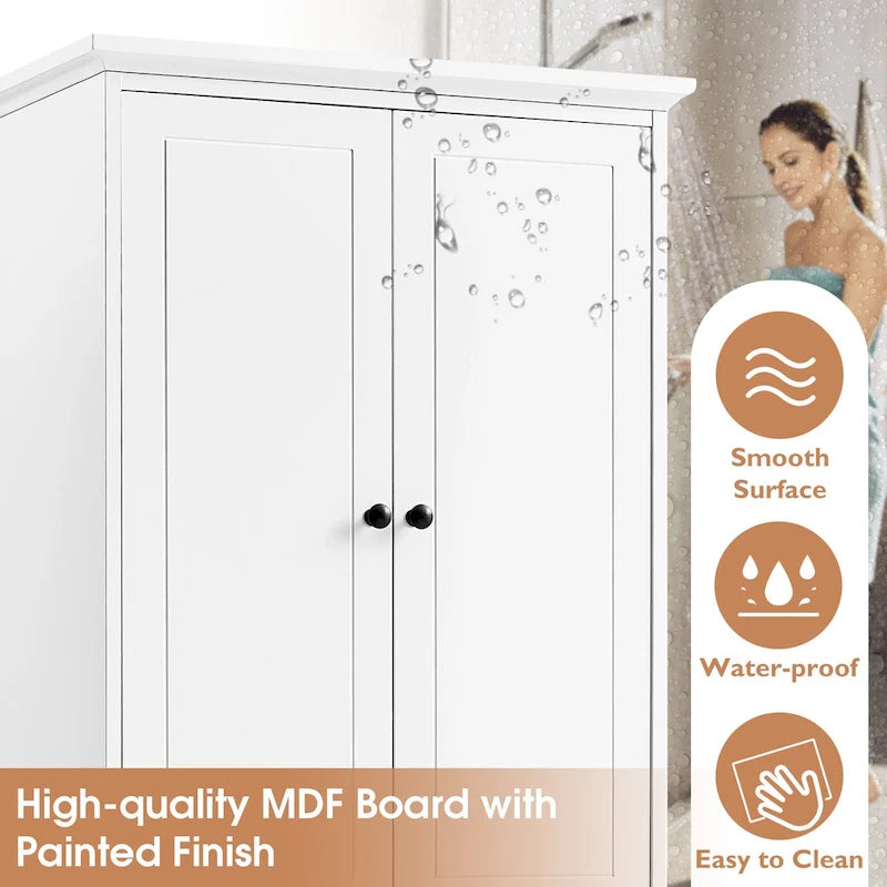 Armario de baño blanco independiente con 4 cajones y 2 puertas, estante ajustable y unidad de almacenamiento impermeable de MDF