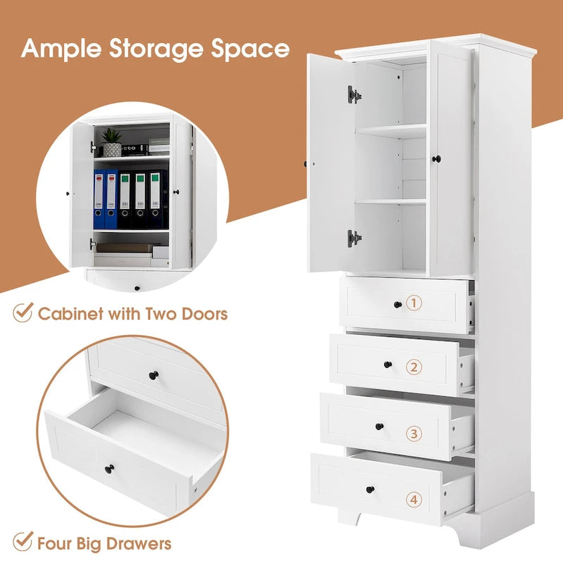 Armario de baño blanco independiente con 4 cajones y 2 puertas, estante ajustable y unidad de almacenamiento impermeable de MDF