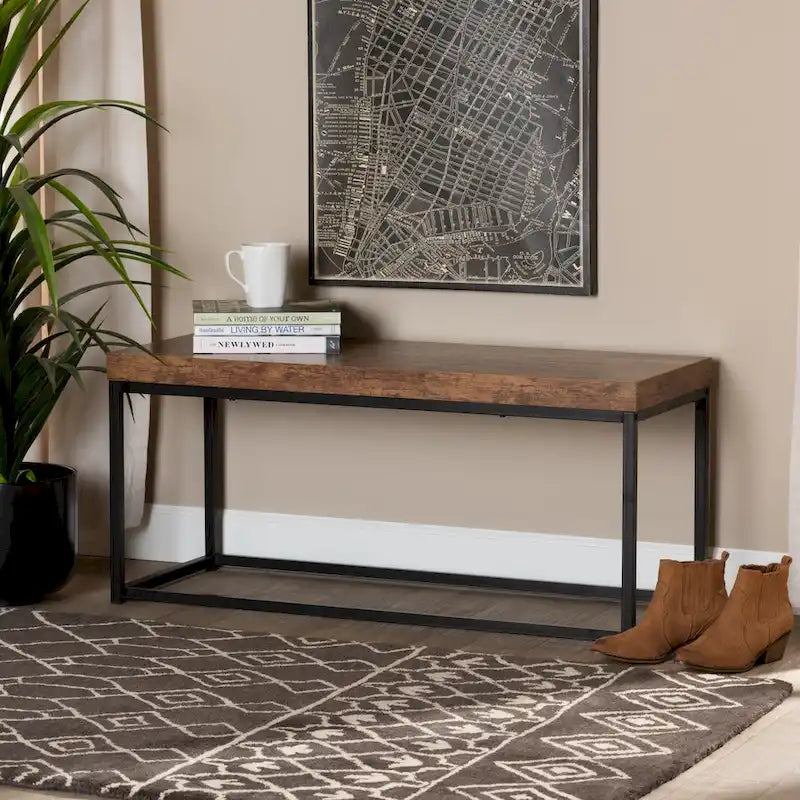 Bardot Modern Industrial Wood and Metal Accent Bench-Walnut Brown