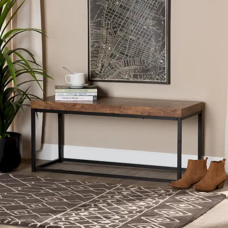 Banc d'appoint moderne en bois et métal, style industriel - brun noyer