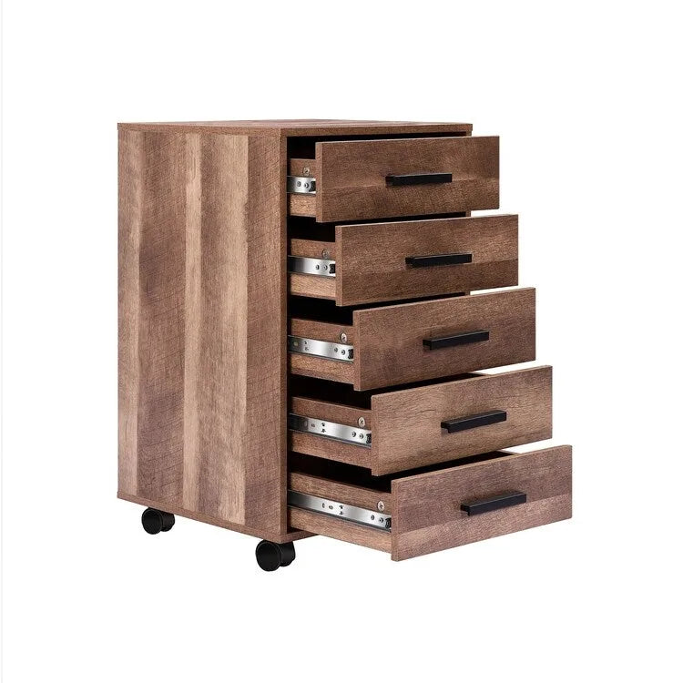 Armario de almacenamiento de oficina de madera con 5 cajones, estante adicional y ruedas con giro de 360° para organizar fácilmente