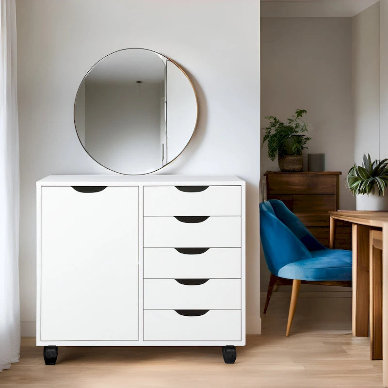 Armario de almacenamiento de oficina de madera con 5 cajones, estante adicional y ruedas con giro de 360° para organizar fácilmente