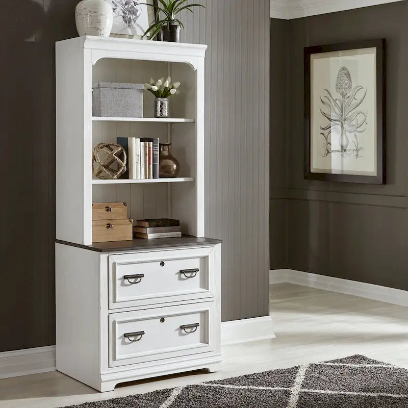 Módulo superior de archivador horizontal con una combinación de paneles blancos con acabado cepillado y gris carbón