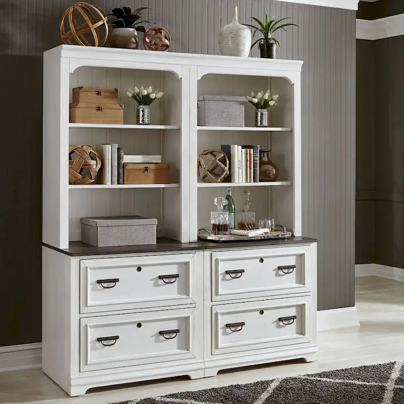 Módulo superior de archivador horizontal con una combinación de paneles blancos con acabado cepillado y gris carbón