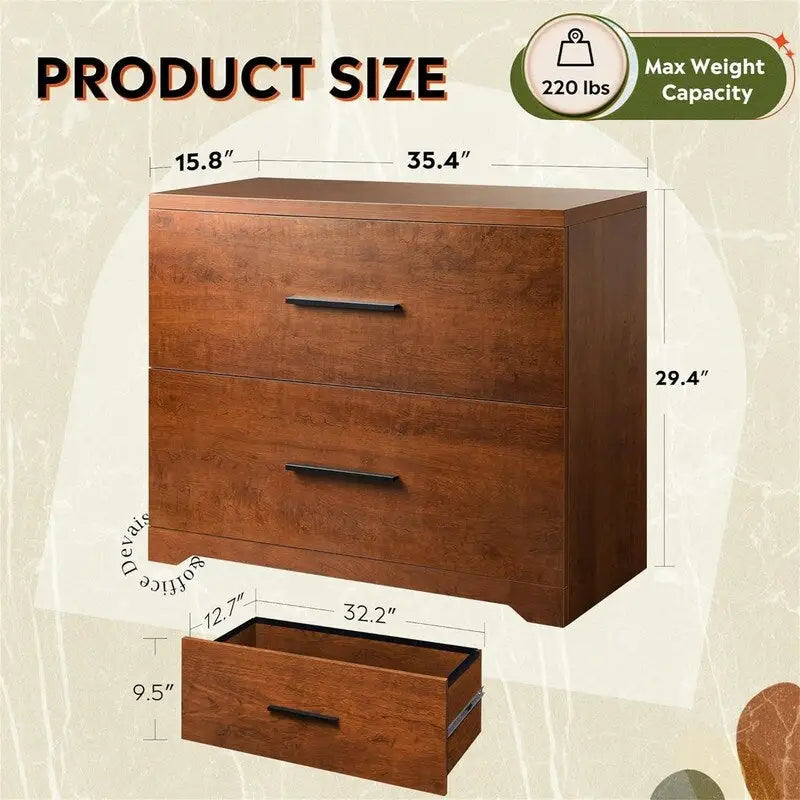 Seitlicher Aktenschrank aus Holz mit 2 Schubladen - 15.75D x 35.43W x 29.37H