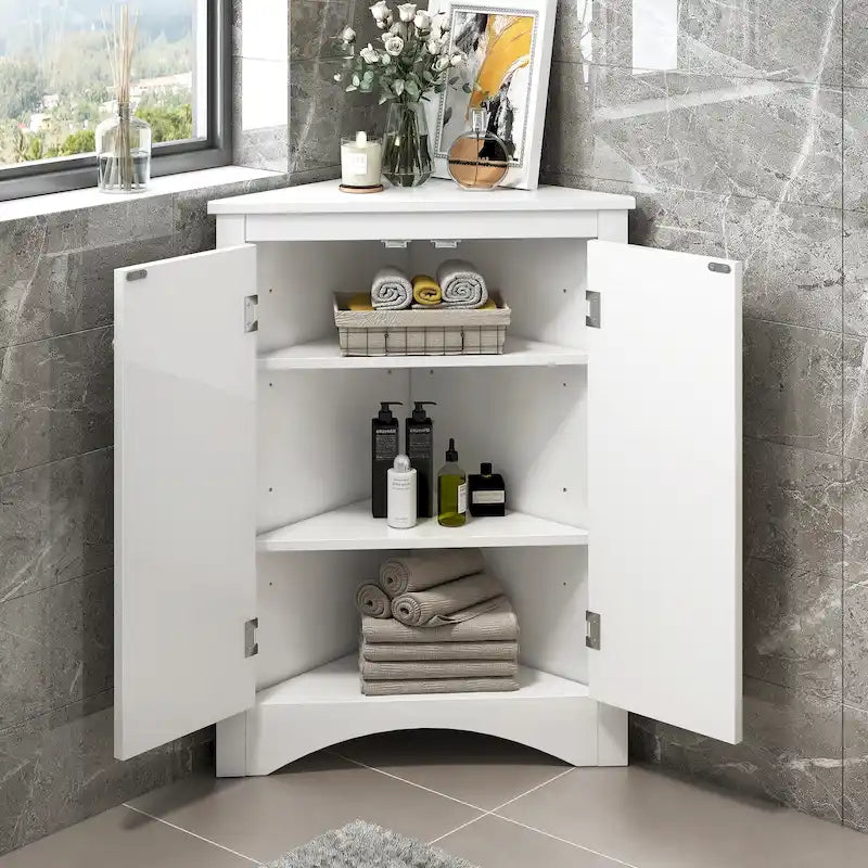 Meuble de rangement triangulaire pour salle de bains avec étagères réglables