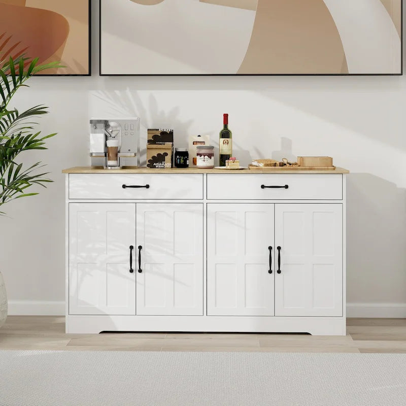 Großer Buffetschrank im Landhausstil mit Stauraum, 2 Schubladen und 4 Türen für Esszimmer, Wohnzimmer oder Küche - Weiß