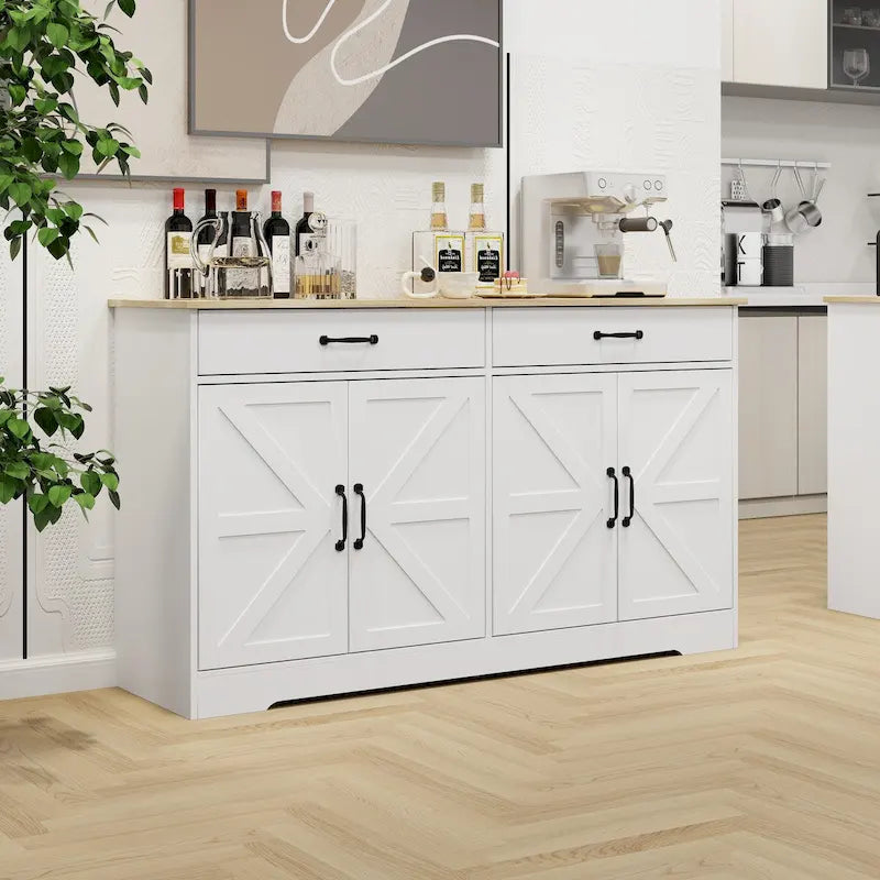 Großer Buffetschrank im Landhausstil mit Stauraum, 2 Schubladen und 4 Türen für Esszimmer, Wohnzimmer oder Küche - Weiß