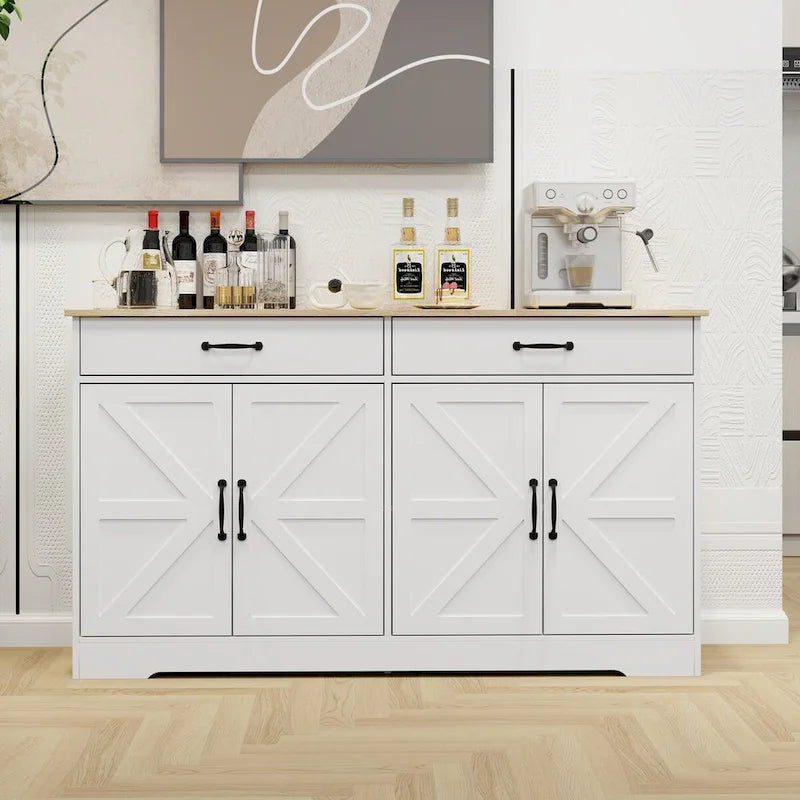 Großer Buffetschrank im Landhausstil mit Stauraum, 2 Schubladen und 4 Türen für Esszimmer, Wohnzimmer oder Küche - Weiß