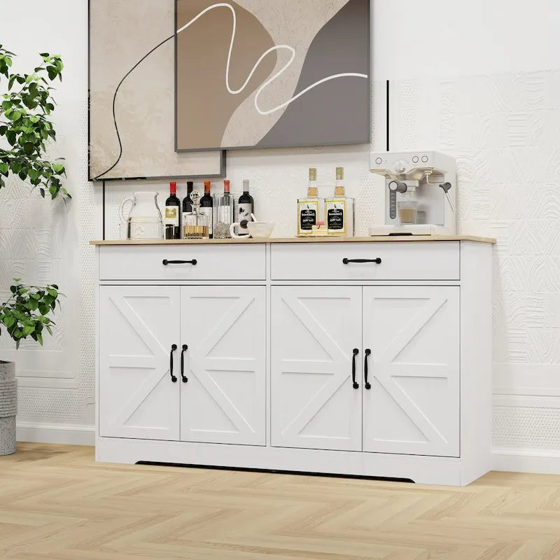Amplio aparador de estilo rústico con 2 cajones y 4 puertas para comedor, sala de estar o cocina - Blanco