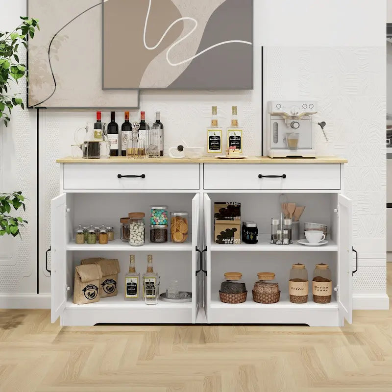 Großer Buffetschrank im Landhausstil mit Stauraum, 2 Schubladen und 4 Türen für Esszimmer, Wohnzimmer oder Küche - Weiß