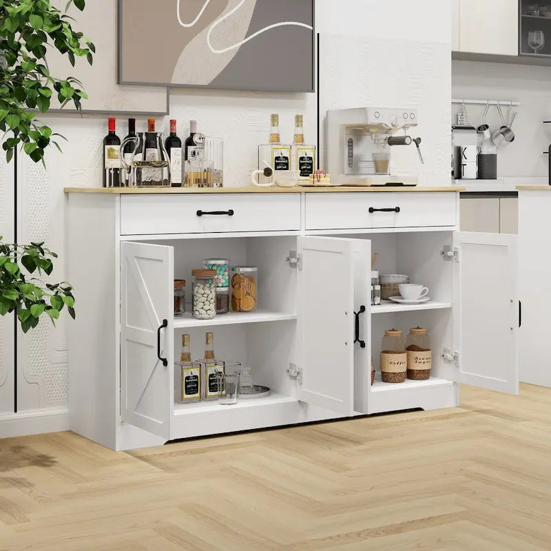 Amplio aparador de estilo rústico con 2 cajones y 4 puertas para comedor, sala de estar o cocina - Blanco