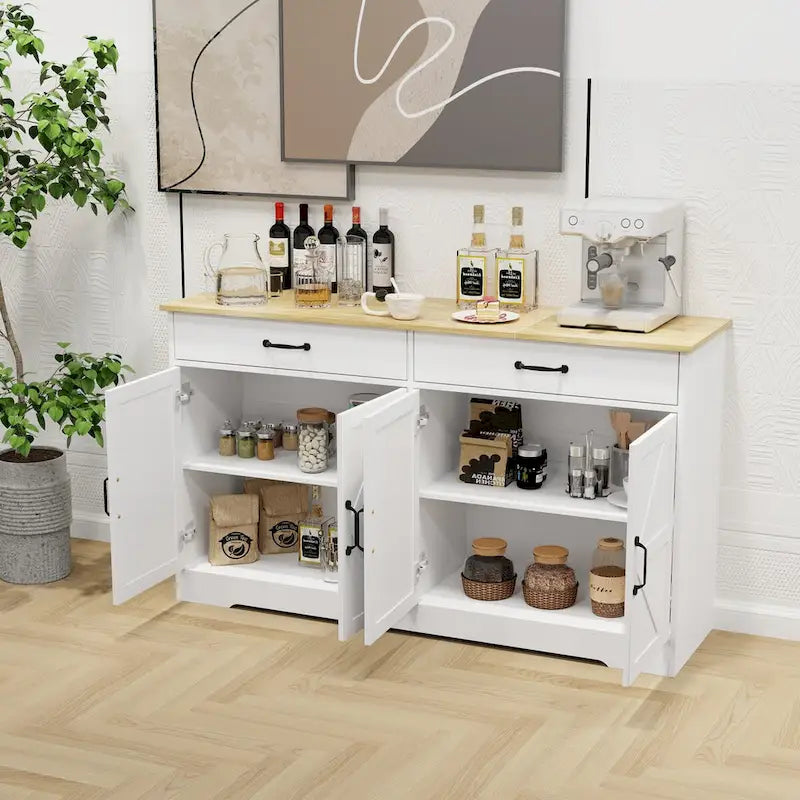 Amplio aparador de estilo rústico con 2 cajones y 4 puertas para comedor, sala de estar o cocina - Blanco