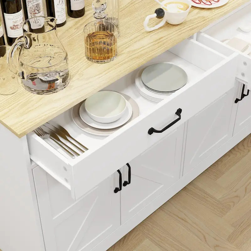 Amplio aparador de estilo rústico con 2 cajones y 4 puertas para comedor, sala de estar o cocina - Blanco