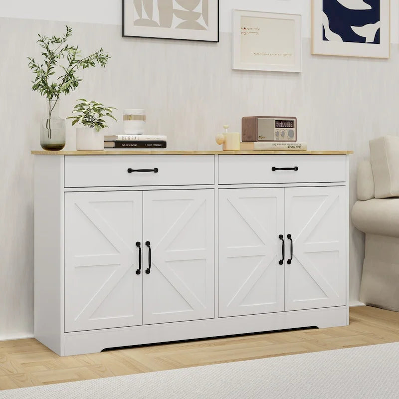Amplio aparador de estilo rústico con 2 cajones y 4 puertas para comedor, sala de estar o cocina - Blanco