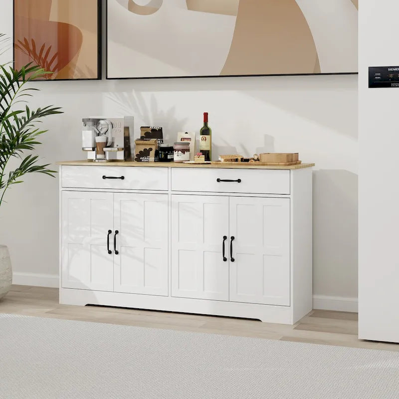 Amplio aparador de estilo rústico con 2 cajones y 4 puertas para comedor, sala de estar o cocina - Blanco