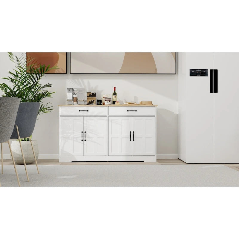 Amplio aparador de estilo rústico con 2 cajones y 4 puertas para comedor, sala de estar o cocina - Blanco