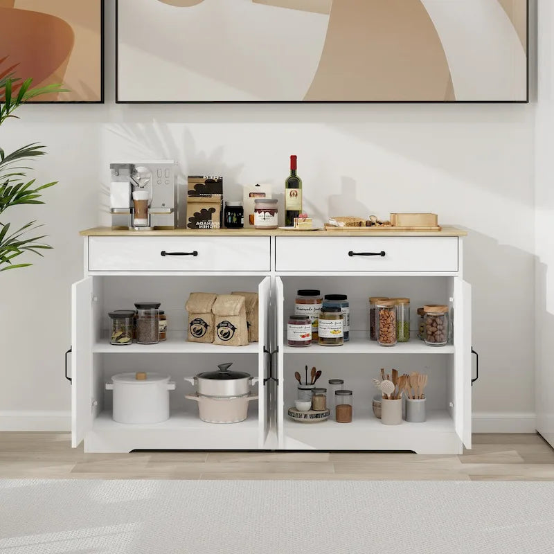 Amplio aparador de estilo rústico con 2 cajones y 4 puertas para comedor, sala de estar o cocina - Blanco