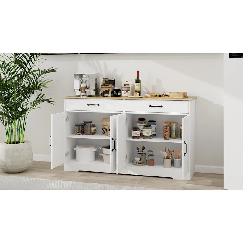 Amplio aparador de estilo rústico con 2 cajones y 4 puertas para comedor, sala de estar o cocina - Blanco