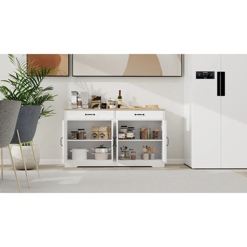 Amplio aparador de estilo rústico con 2 cajones y 4 puertas para comedor, sala de estar o cocina - Blanco