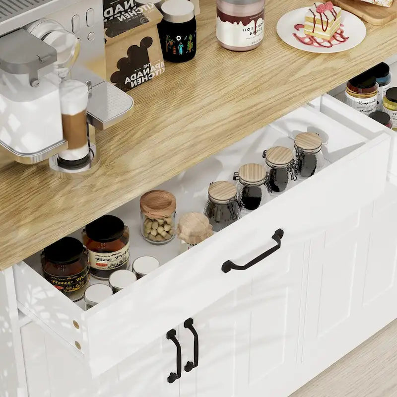 Amplio aparador de estilo rústico con 2 cajones y 4 puertas para comedor, sala de estar o cocina - Blanco