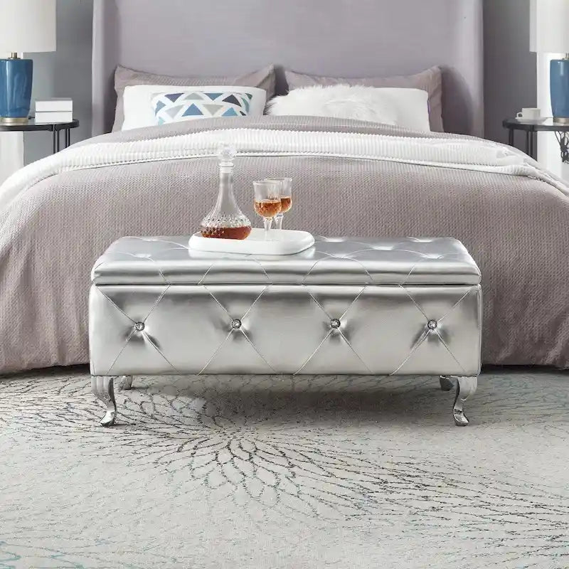 Banc coffre de rangement rembourré pour chambre, bout de lit et repose-pieds, avec boutons en cristal, pour salon ou entrée