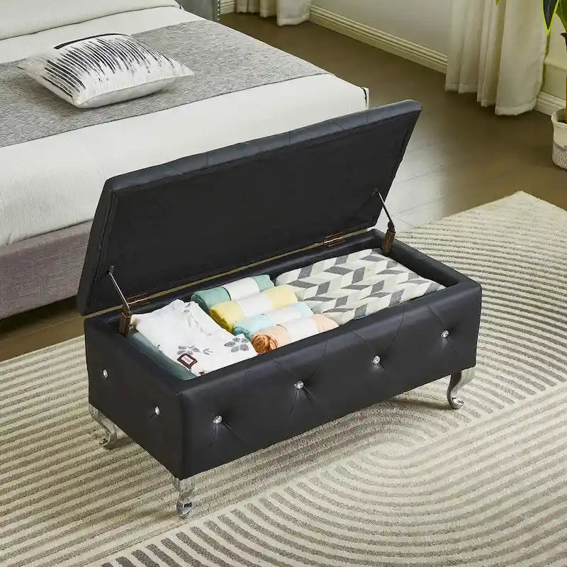 Banco otomano tapizado con almacenamiento para dormitorio, para colocar al pie de la cama, con botones de cristal, reposapiés para sala de estar y entrada