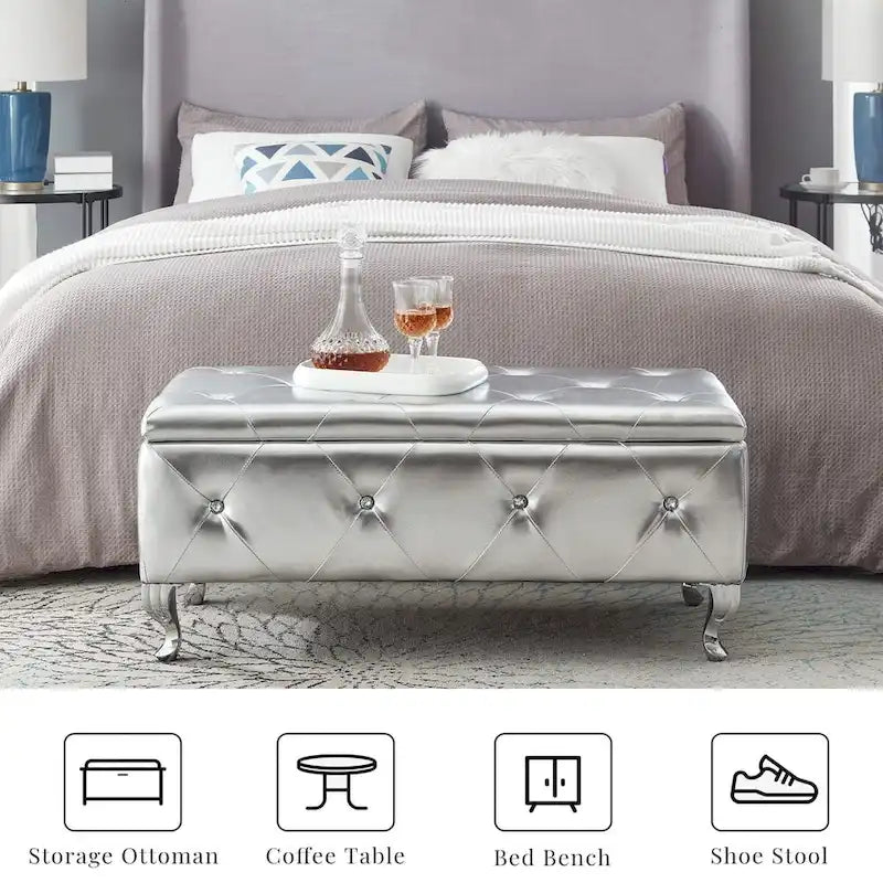 Banco otomano tapizado con almacenamiento para dormitorio, para colocar al pie de la cama, con botones de cristal, reposapiés para sala de estar y entrada