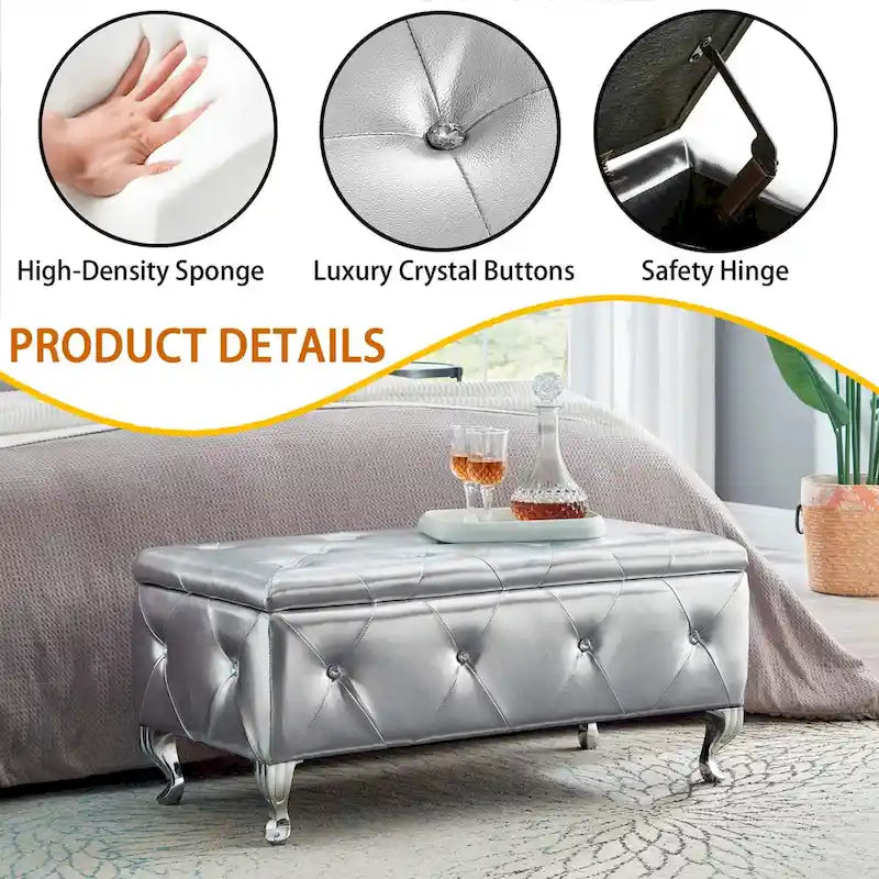 Banc coffre de rangement rembourré pour chambre, bout de lit et repose-pieds, avec boutons en cristal, pour salon ou entrée